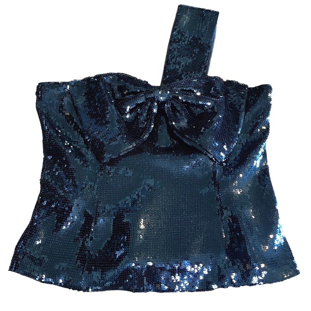 White House Black Market Sequin Bow One Shoulder Bustier Top Black 12 Strapless